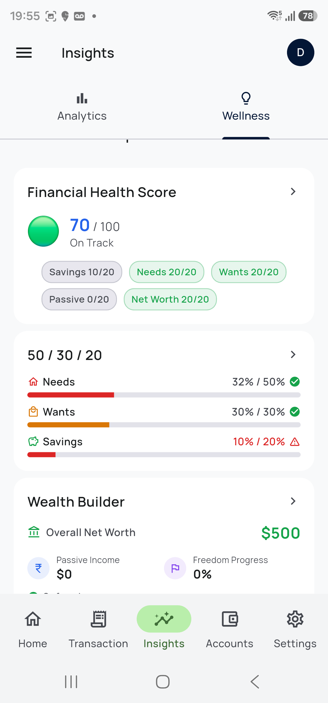 Financial health score screen in Spen