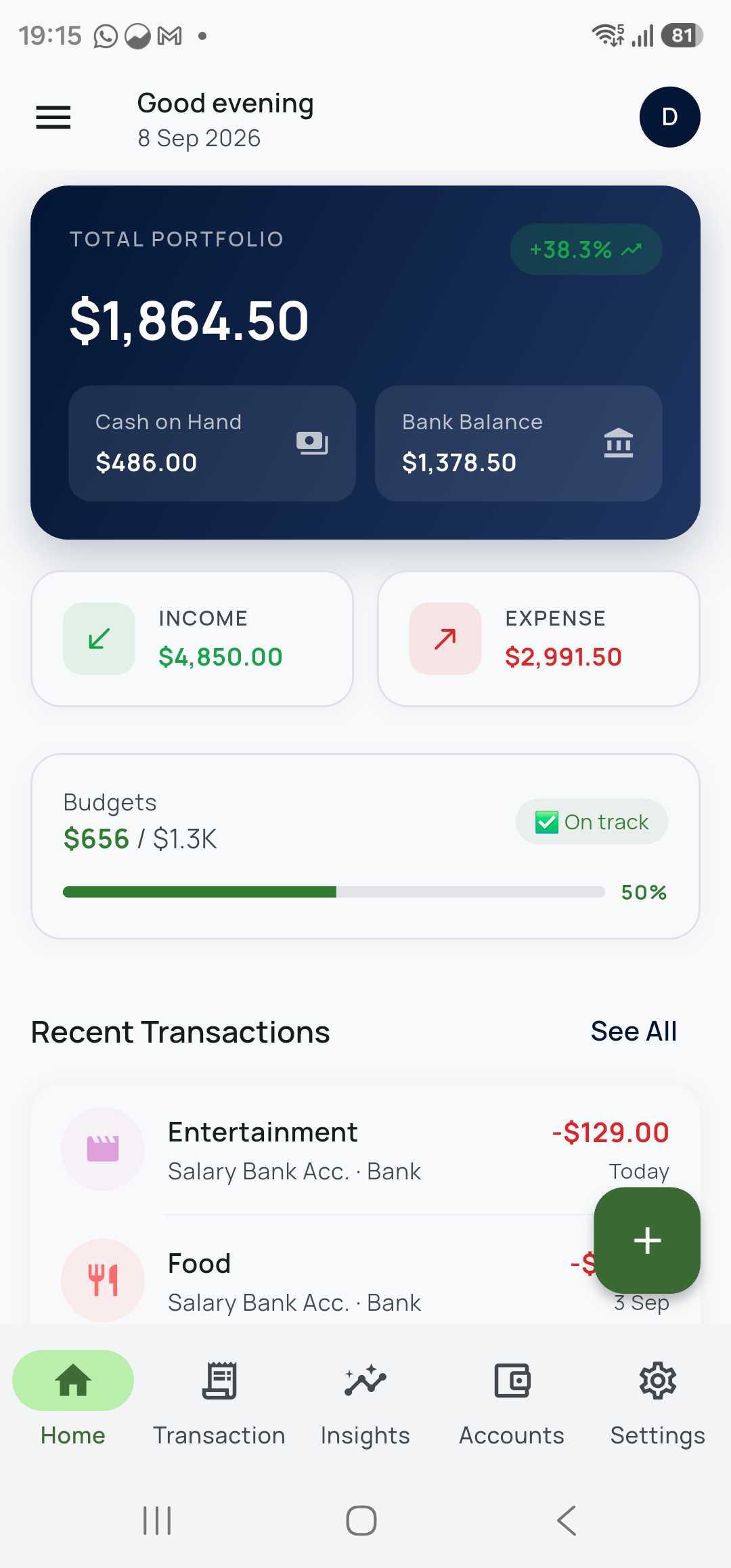 Spen dashboard showing balances, income, expenses and budget